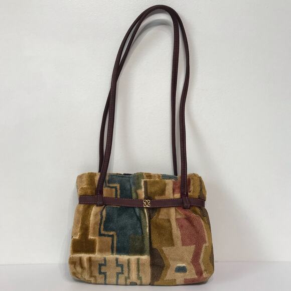 Vintage 70s Carpet Bag Purse Patchwork Southwestern Double Shoulder Strap Tan - Picture 1 of 15